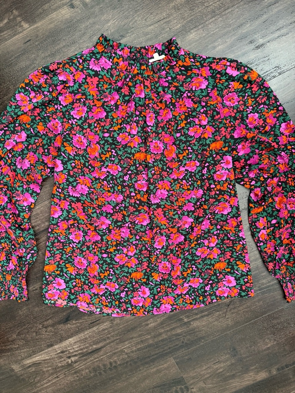 Jodifl Floral Smocked Cuff Blouse Pink Orange Black Mock Neck Boho Small